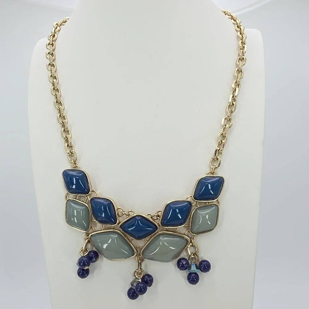 Vtg TALBOTS Signed Necklace Statement Blue Light Green Dark Purple Gold Tone 20